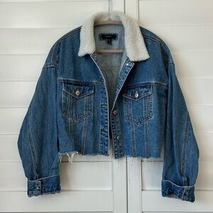 Forever 21 Blue Cropped Jean Jacket with Sherpa Collar